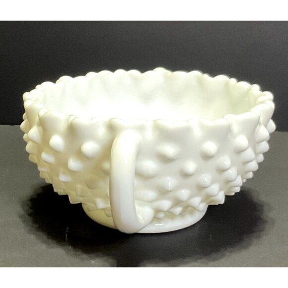 Vtg Fenton Hobnail Milk Glass Handled Sugar Dish w/ Crimped Edges 2.5"H x 5" Dia - Picture 2 of 5